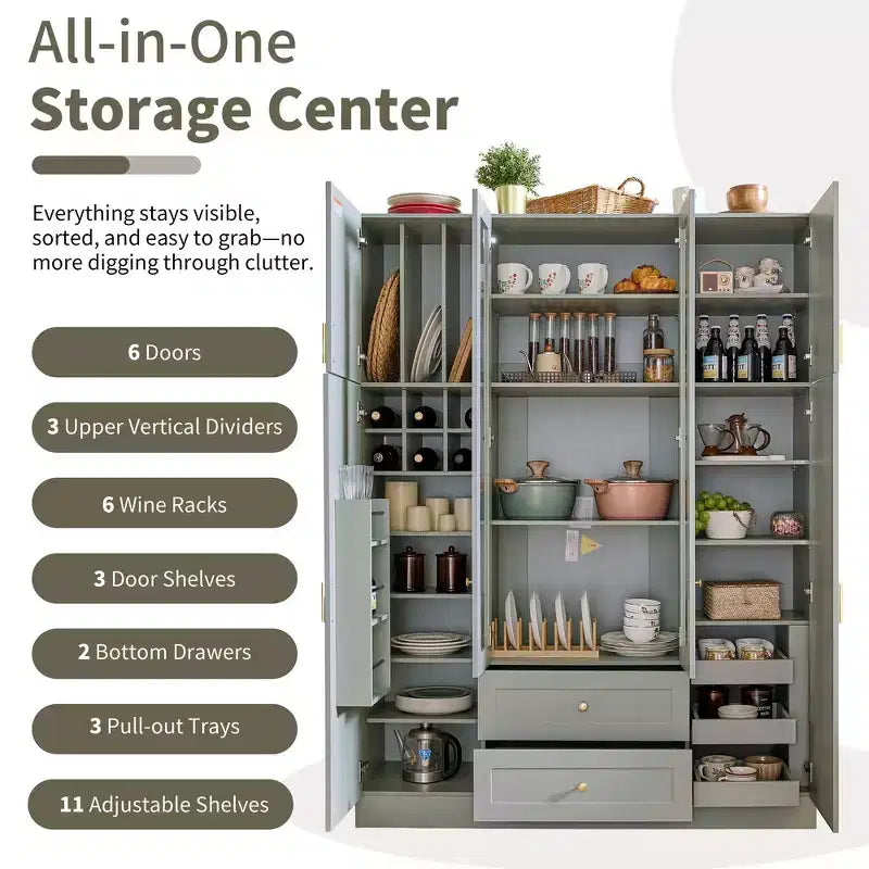 Whisen 71H Freestanding Kitchen Storage Pantry, Large Dining Storage Cabinet Cupboard Sideboards With 6 Doors, Adjustable Shelves