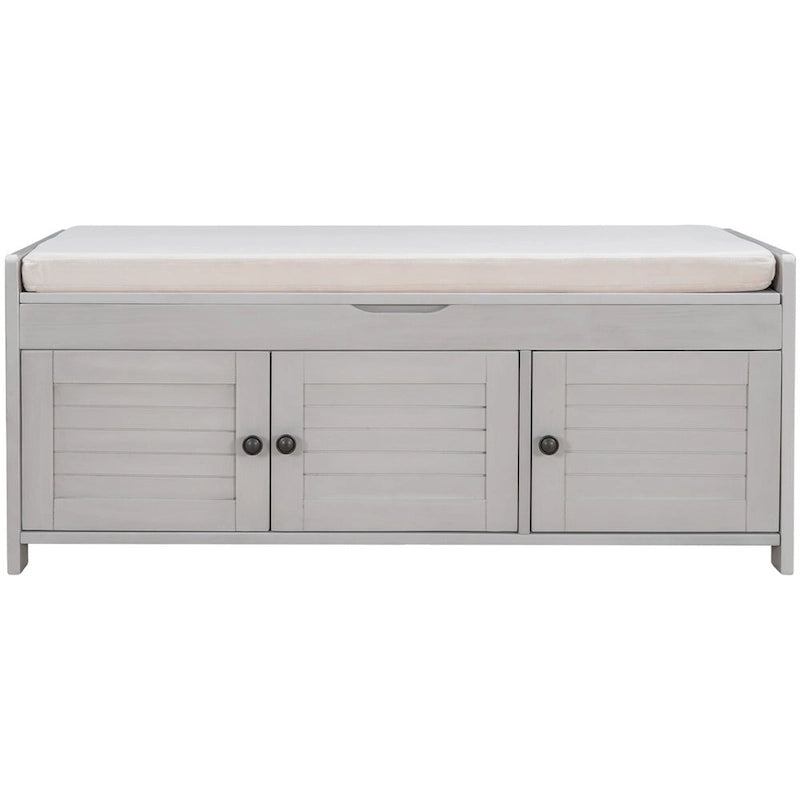 Banc de rangement à portes persiennes avec coussin amovible et rangement supérieur à couvercle relevable dissimulé