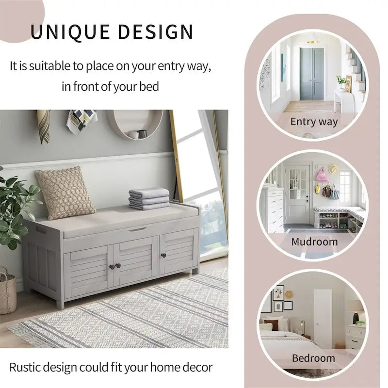 Banc de rangement à portes persiennes avec coussin amovible et rangement supérieur à couvercle relevable dissimulé