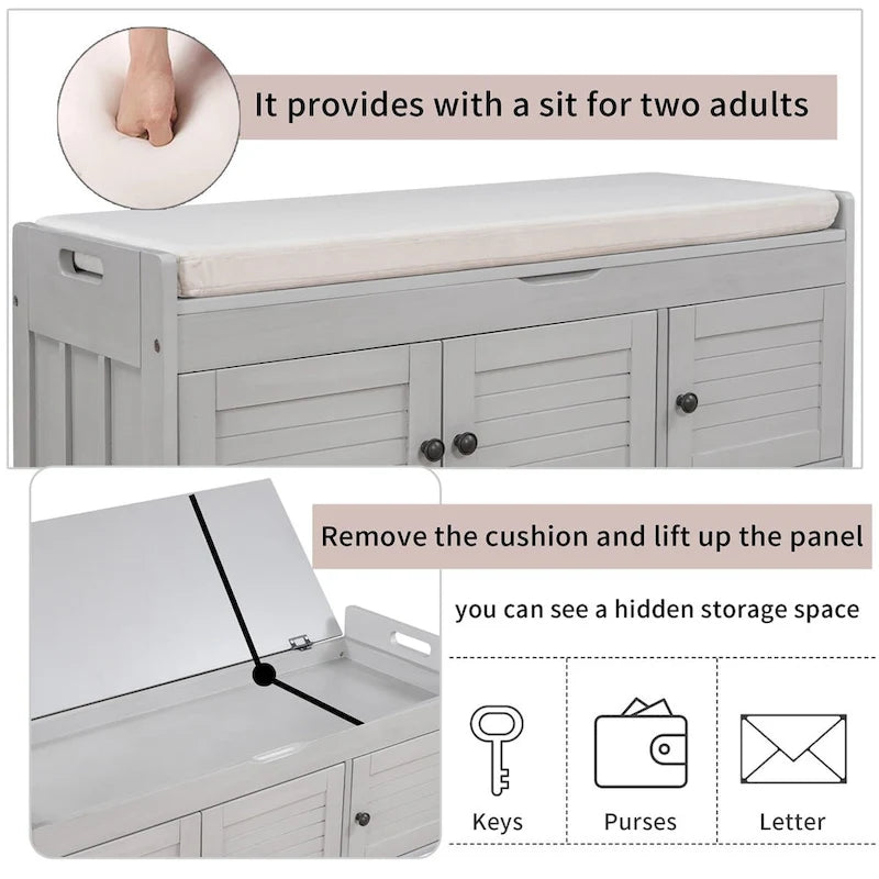 Banc de rangement à portes persiennes avec coussin amovible et rangement supérieur à couvercle relevable dissimulé