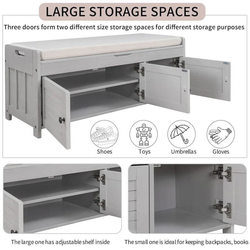 Banc de rangement à portes persiennes avec coussin amovible et rangement supérieur à couvercle relevable dissimulé