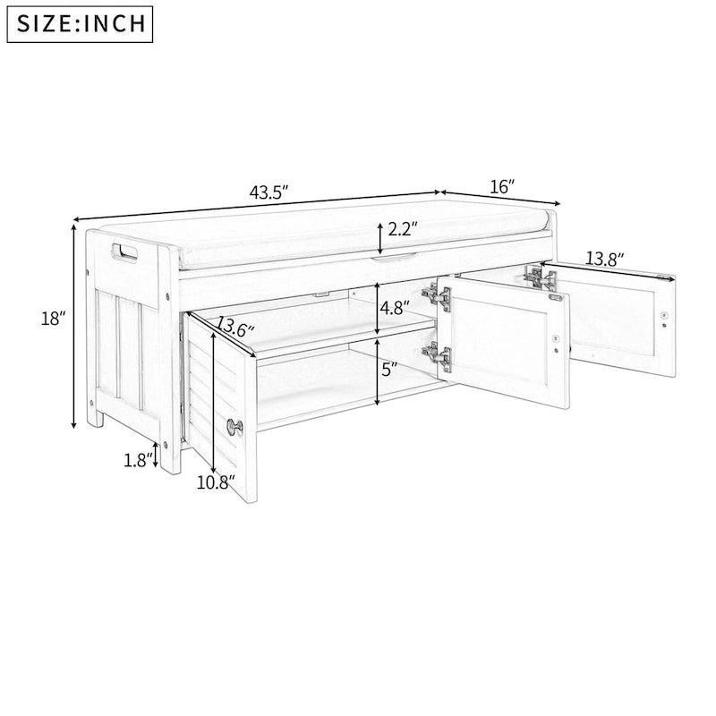 Banc de rangement à portes persiennes avec coussin amovible et rangement supérieur à couvercle relevable dissimulé