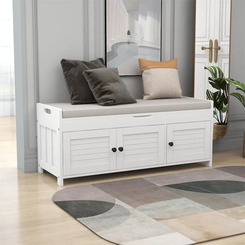 Banc de rangement à portes persiennes avec coussin amovible et rangement supérieur à couvercle relevable dissimulé