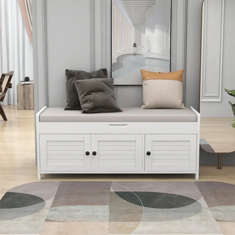 Banc de rangement à portes persiennes avec coussin amovible et rangement supérieur à couvercle relevable dissimulé