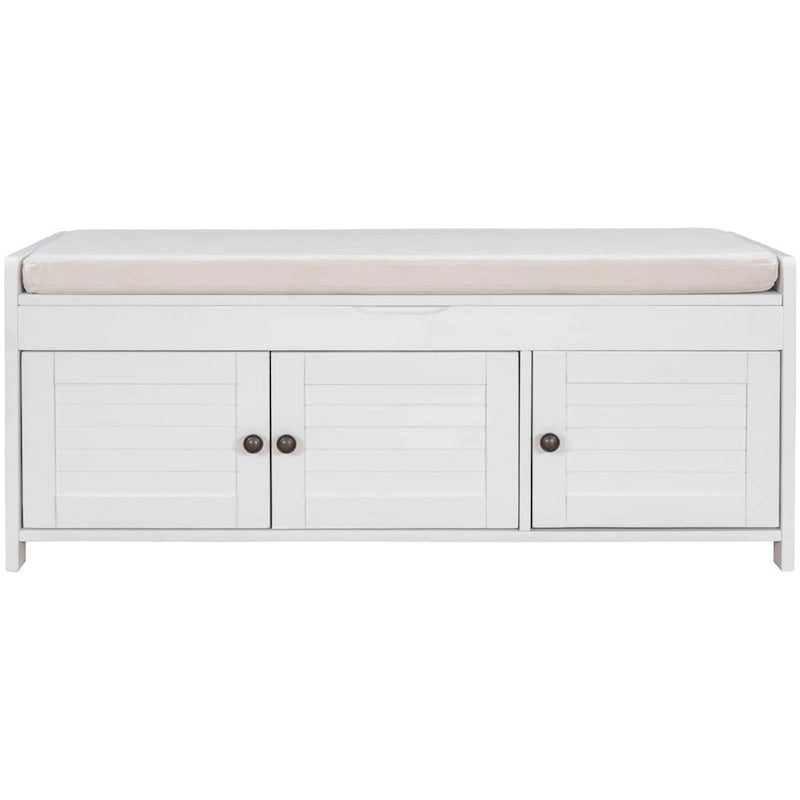 Banc de rangement à portes persiennes avec coussin amovible et rangement supérieur à couvercle relevable dissimulé