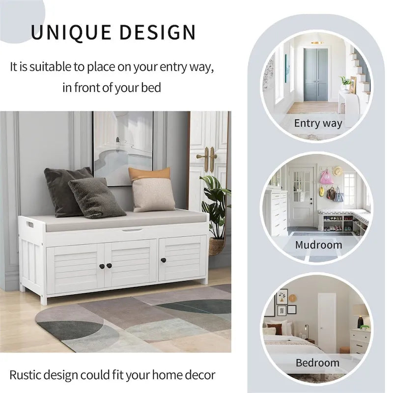 Banc de rangement à portes persiennes avec coussin amovible et rangement supérieur à couvercle relevable dissimulé
