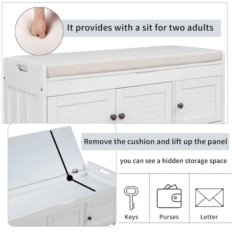 Banc de rangement à portes persiennes avec coussin amovible et rangement supérieur à couvercle relevable dissimulé