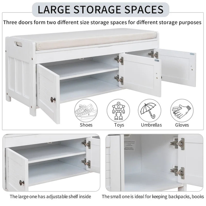 Banc de rangement à portes persiennes avec coussin amovible et rangement supérieur à couvercle relevable dissimulé