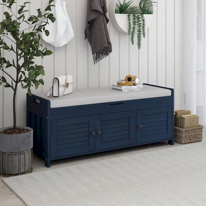 Banc de rangement à portes persiennes avec coussin amovible et rangement supérieur à couvercle relevable dissimulé