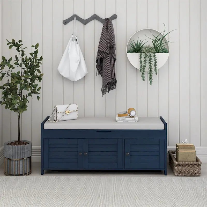 Banc de rangement à portes persiennes avec coussin amovible et rangement supérieur à couvercle relevable dissimulé