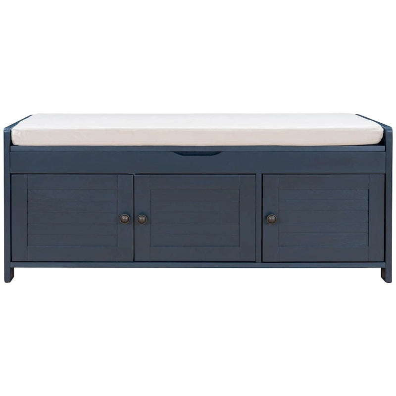Banc de rangement à portes persiennes avec coussin amovible et rangement supérieur à couvercle relevable dissimulé