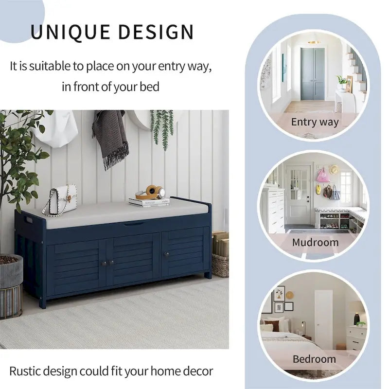Banc de rangement à portes persiennes avec coussin amovible et rangement supérieur à couvercle relevable dissimulé