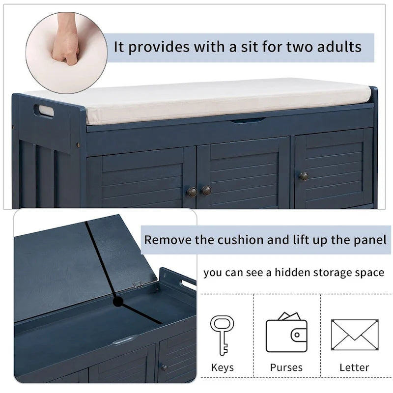Banc de rangement à portes persiennes avec coussin amovible et rangement supérieur à couvercle relevable dissimulé
