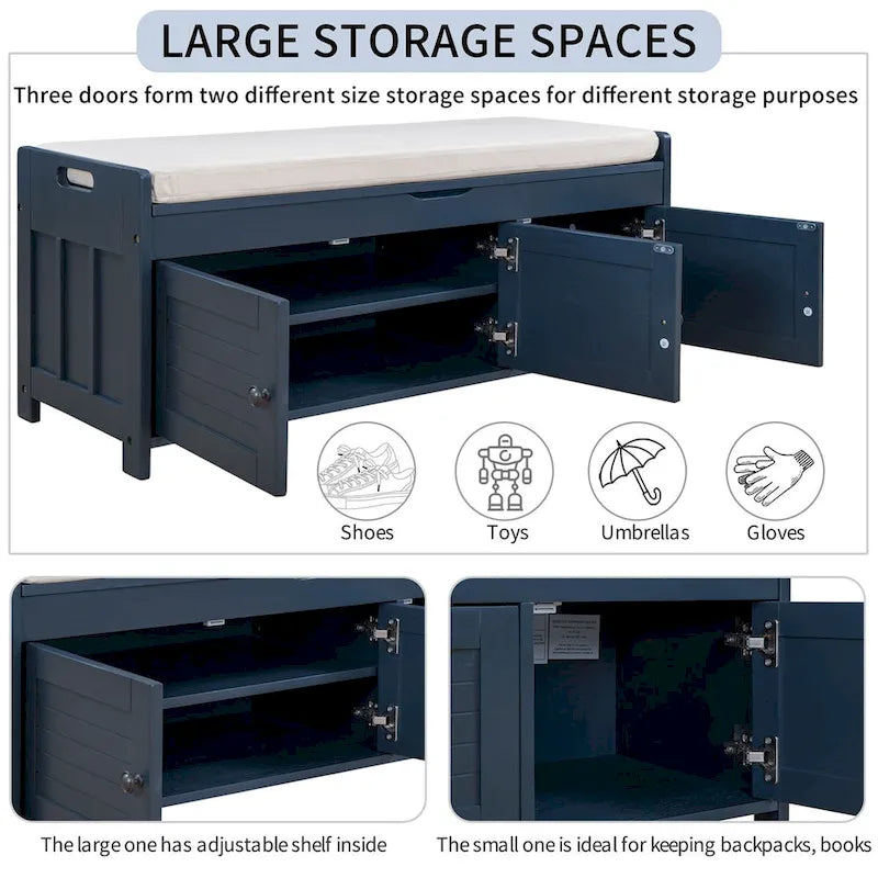 Banc de rangement à portes persiennes avec coussin amovible et rangement supérieur à couvercle relevable dissimulé