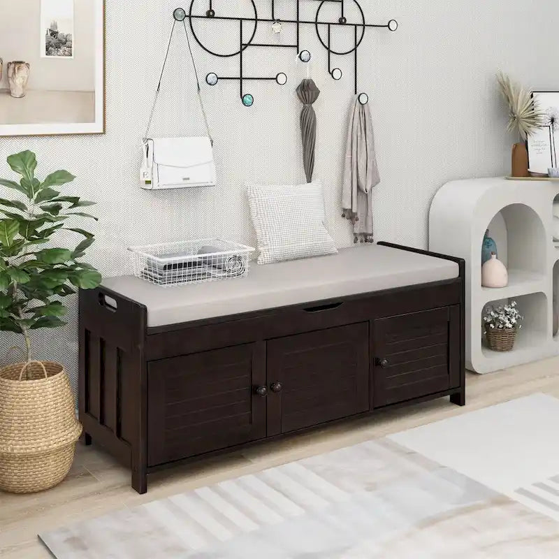 Banc de rangement à portes persiennes avec coussin amovible et rangement supérieur à couvercle relevable dissimulé