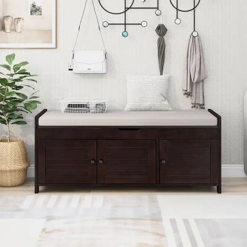 Banc de rangement à portes persiennes avec coussin amovible et rangement supérieur à couvercle relevable dissimulé