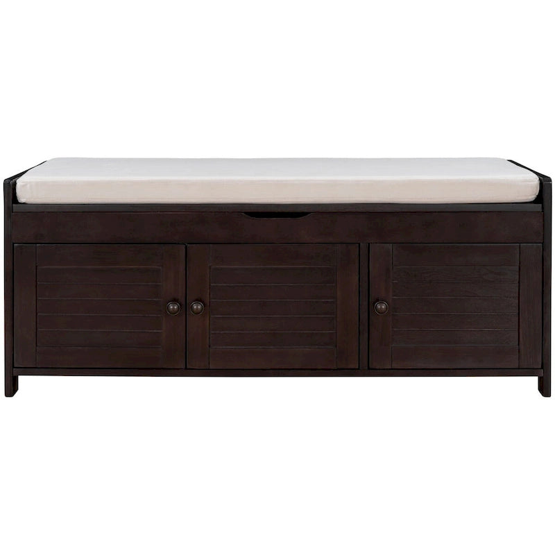 Banc de rangement à portes persiennes avec coussin amovible et rangement supérieur à couvercle relevable dissimulé