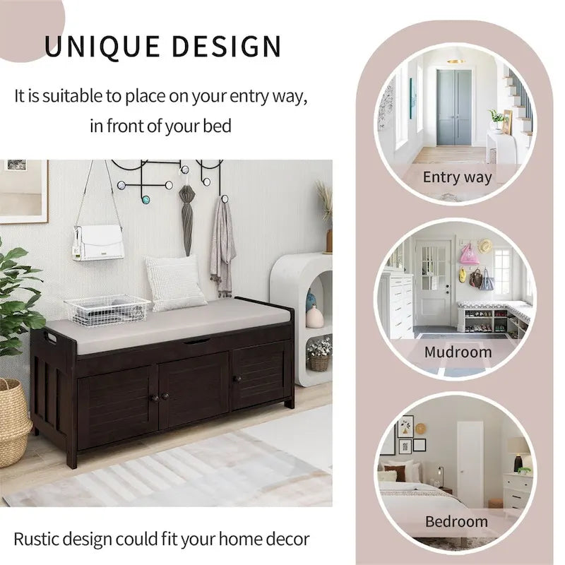 Banc de rangement à portes persiennes avec coussin amovible et rangement supérieur à couvercle relevable dissimulé