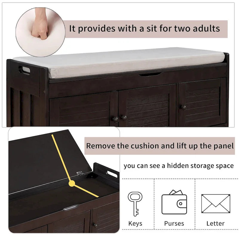 Banc de rangement à portes persiennes avec coussin amovible et rangement supérieur à couvercle relevable dissimulé
