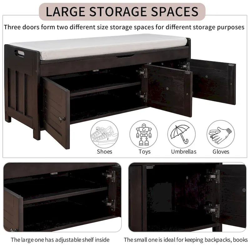 Banc de rangement à portes persiennes avec coussin amovible et rangement supérieur à couvercle relevable dissimulé