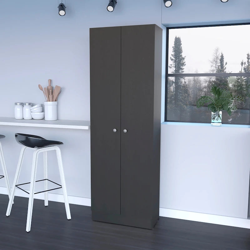 Armoire de rangement haute à double porte avec 5 étagères intérieures et poignées chromées