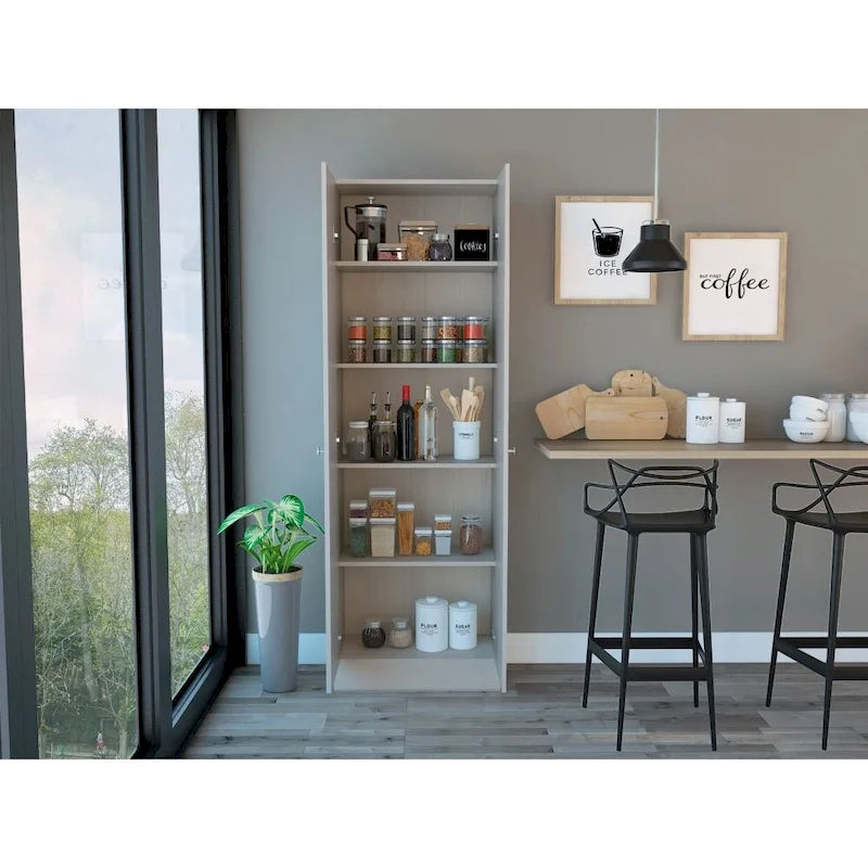 Armoire de rangement haute à double porte avec 5 étagères intérieures et poignées chromées
