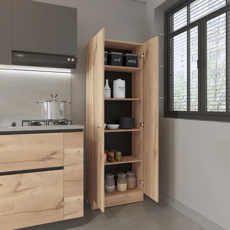 Armoire de rangement haute à double porte avec 5 étagères intérieures et poignées chromées