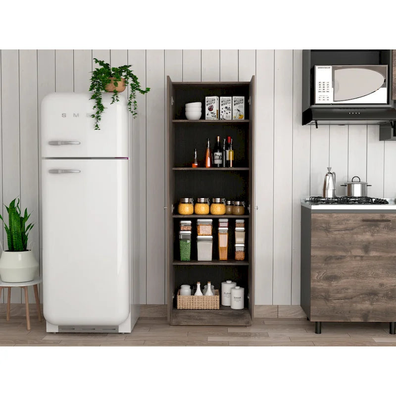 Armoire de rangement haute à double porte avec 5 étagères intérieures et poignées chromées