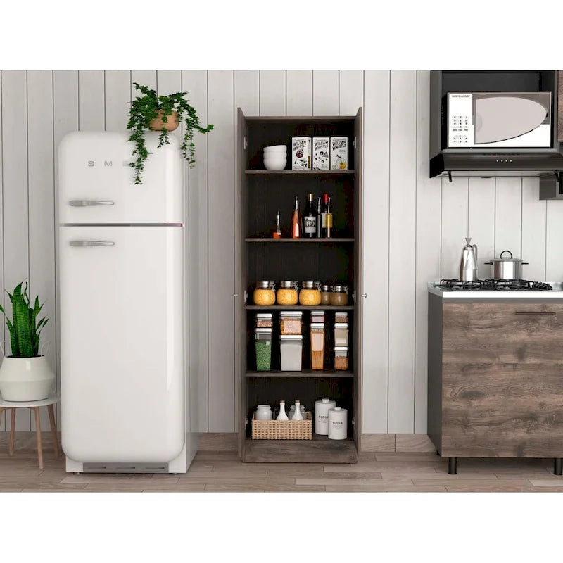 Armoire de rangement haute à double porte avec 5 étagères intérieures et poignées chromées