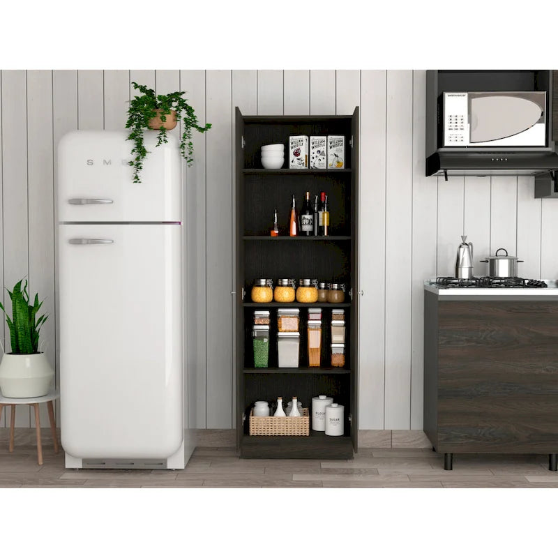Armoire de rangement haute à double porte avec 5 étagères intérieures et poignées chromées