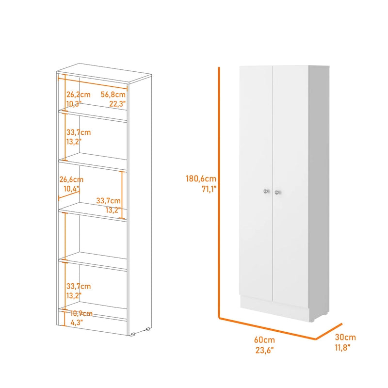 Armoire de rangement haute à double porte avec 5 étagères intérieures et poignées chromées