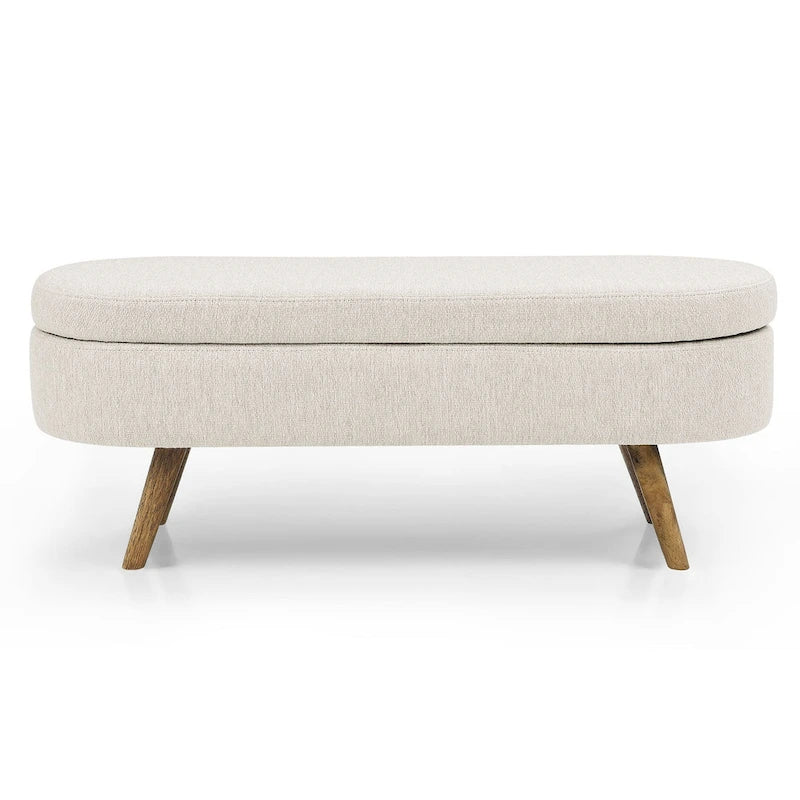 Banc de rangement ottoman ovale beige en lin avec pieds en bois d'hévéa et rangement caché
