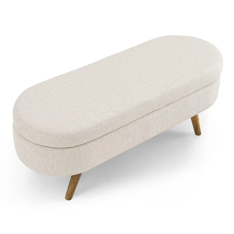 Banc de rangement ottoman ovale beige en lin avec pieds en bois d'hévéa et rangement caché