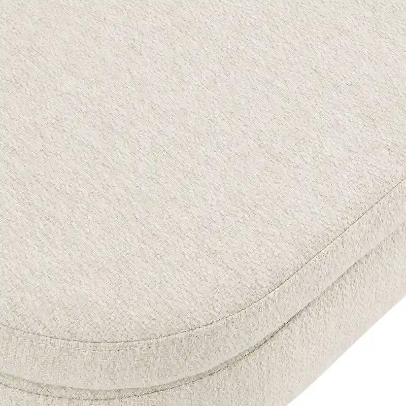 Banc de rangement ottoman ovale beige en lin avec pieds en bois d'hévéa et rangement caché
