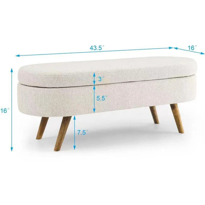 Banc de rangement ottoman ovale beige en lin avec pieds en bois d'hévéa et rangement caché
