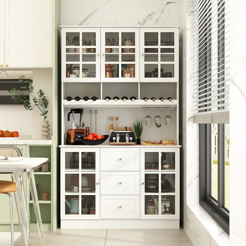 Meuble de Cuisine Haut avec Portes en Verre Trempé, Casier à Bouteilles, Porte-Verres à Pied et 3 Tiroirs