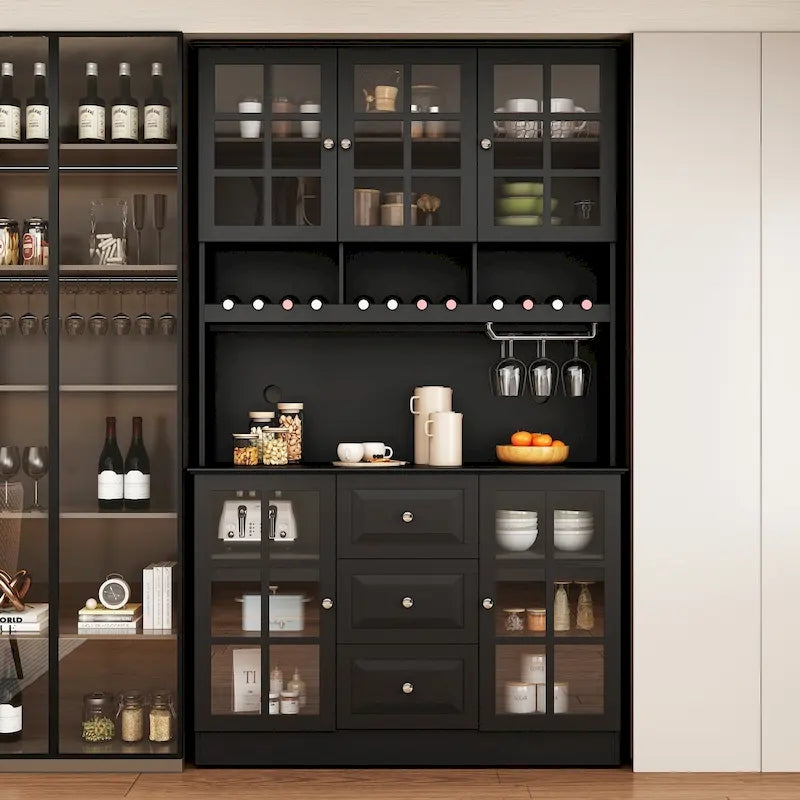 Meuble de Cuisine Haut avec Portes en Verre Trempé, Casier à Bouteilles, Porte-Verres à Pied et 3 Tiroirs