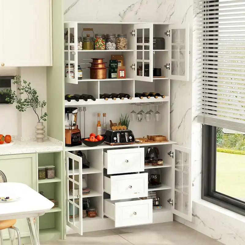 Meuble de Cuisine Haut avec Portes en Verre Trempé, Casier à Bouteilles, Porte-Verres à Pied et 3 Tiroirs