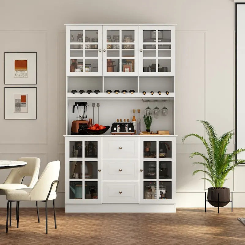 Meuble de Cuisine Haut avec Portes en Verre Trempé, Casier à Bouteilles, Porte-Verres à Pied et 3 Tiroirs