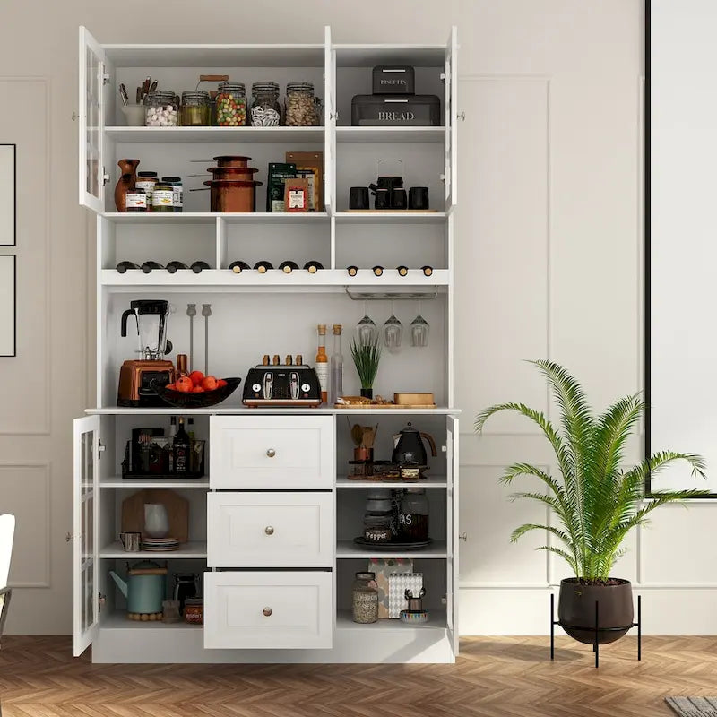 Meuble de Cuisine Haut avec Portes en Verre Trempé, Casier à Bouteilles, Porte-Verres à Pied et 3 Tiroirs