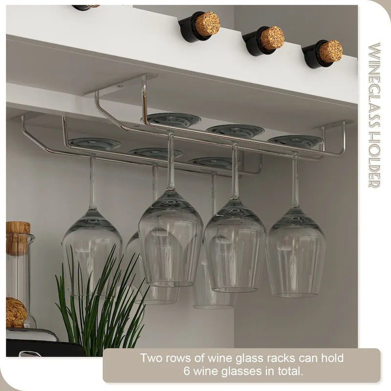 Meuble de Cuisine Haut avec Portes en Verre Trempé, Casier à Bouteilles, Porte-Verres à Pied et 3 Tiroirs