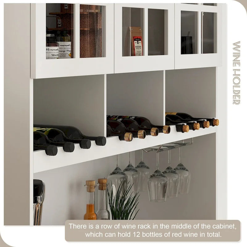 Meuble de Cuisine Haut avec Portes en Verre Trempé, Casier à Bouteilles, Porte-Verres à Pied et 3 Tiroirs