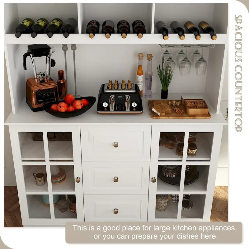 Meuble de Cuisine Haut avec Portes en Verre Trempé, Casier à Bouteilles, Porte-Verres à Pied et 3 Tiroirs
