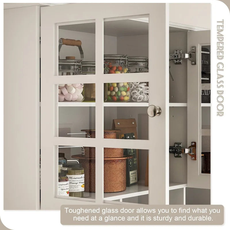 Meuble de Cuisine Haut avec Portes en Verre Trempé, Casier à Bouteilles, Porte-Verres à Pied et 3 Tiroirs