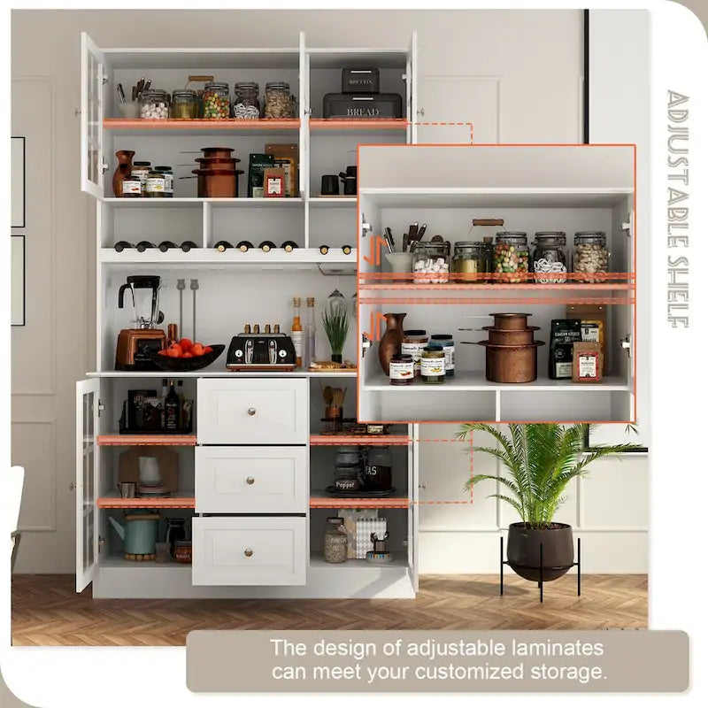 Meuble de Cuisine Haut avec Portes en Verre Trempé, Casier à Bouteilles, Porte-Verres à Pied et 3 Tiroirs
