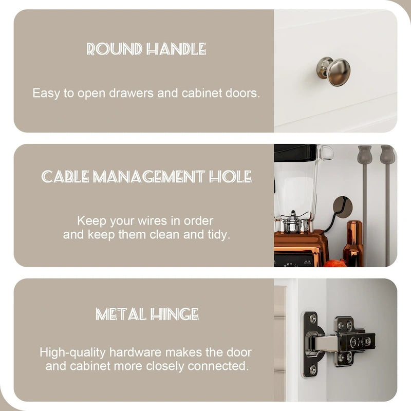 Meuble de Cuisine Haut avec Portes en Verre Trempé, Casier à Bouteilles, Porte-Verres à Pied et 3 Tiroirs