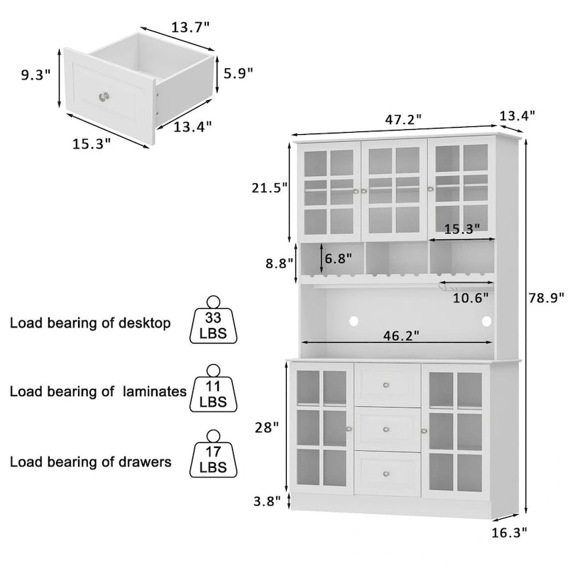 Meuble de Cuisine Haut avec Portes en Verre Trempé, Casier à Bouteilles, Porte-Verres à Pied et 3 Tiroirs