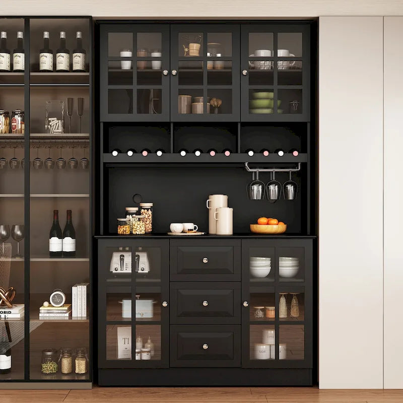 Meuble de Cuisine Haut avec Portes en Verre Trempé, Casier à Bouteilles, Porte-Verres à Pied et 3 Tiroirs