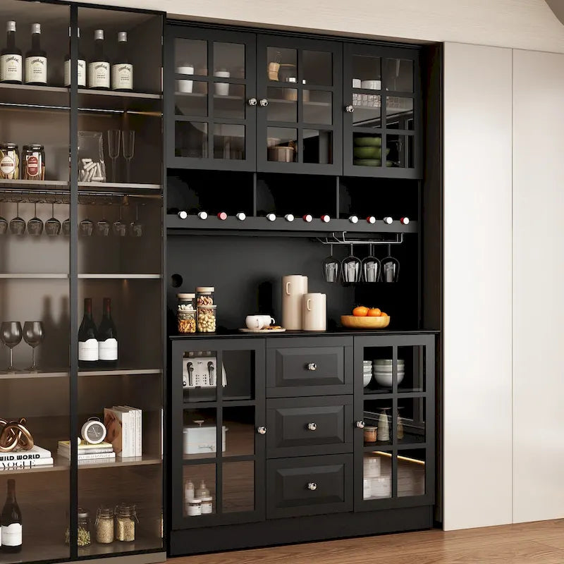 Meuble de Cuisine Haut avec Portes en Verre Trempé, Casier à Bouteilles, Porte-Verres à Pied et 3 Tiroirs