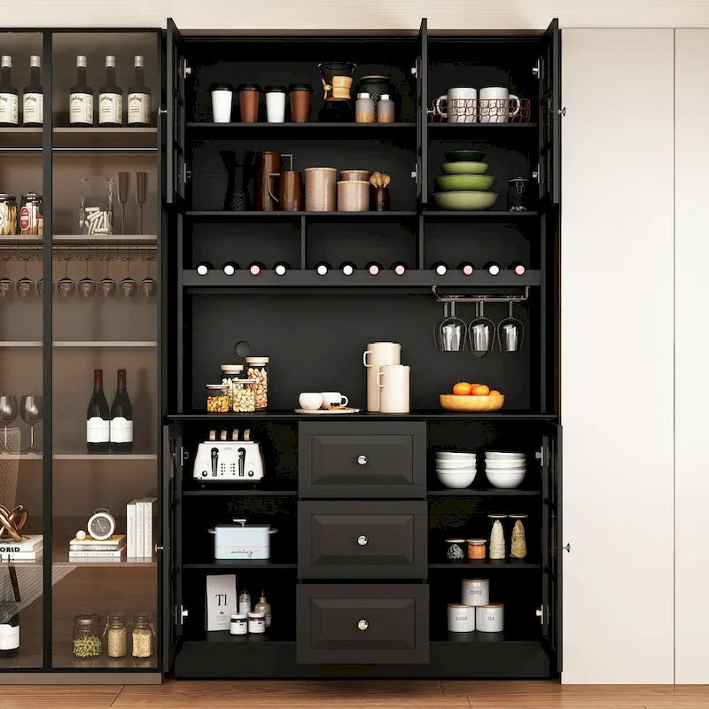 Meuble de Cuisine Haut avec Portes en Verre Trempé, Casier à Bouteilles, Porte-Verres à Pied et 3 Tiroirs